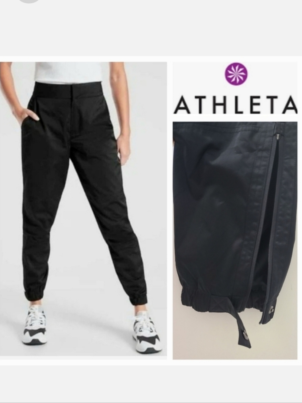 Athleta Radiant Joggers Zipper & Snap Hem Shiny Black Sz 16 NWT